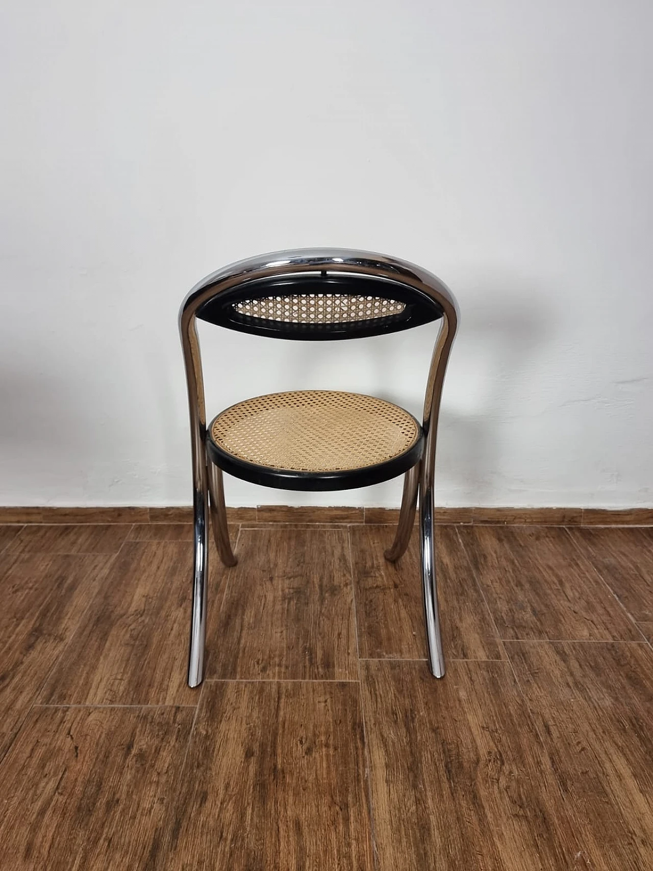 4 Chairs in chromed tubular metal with woven seats, 1980s 14