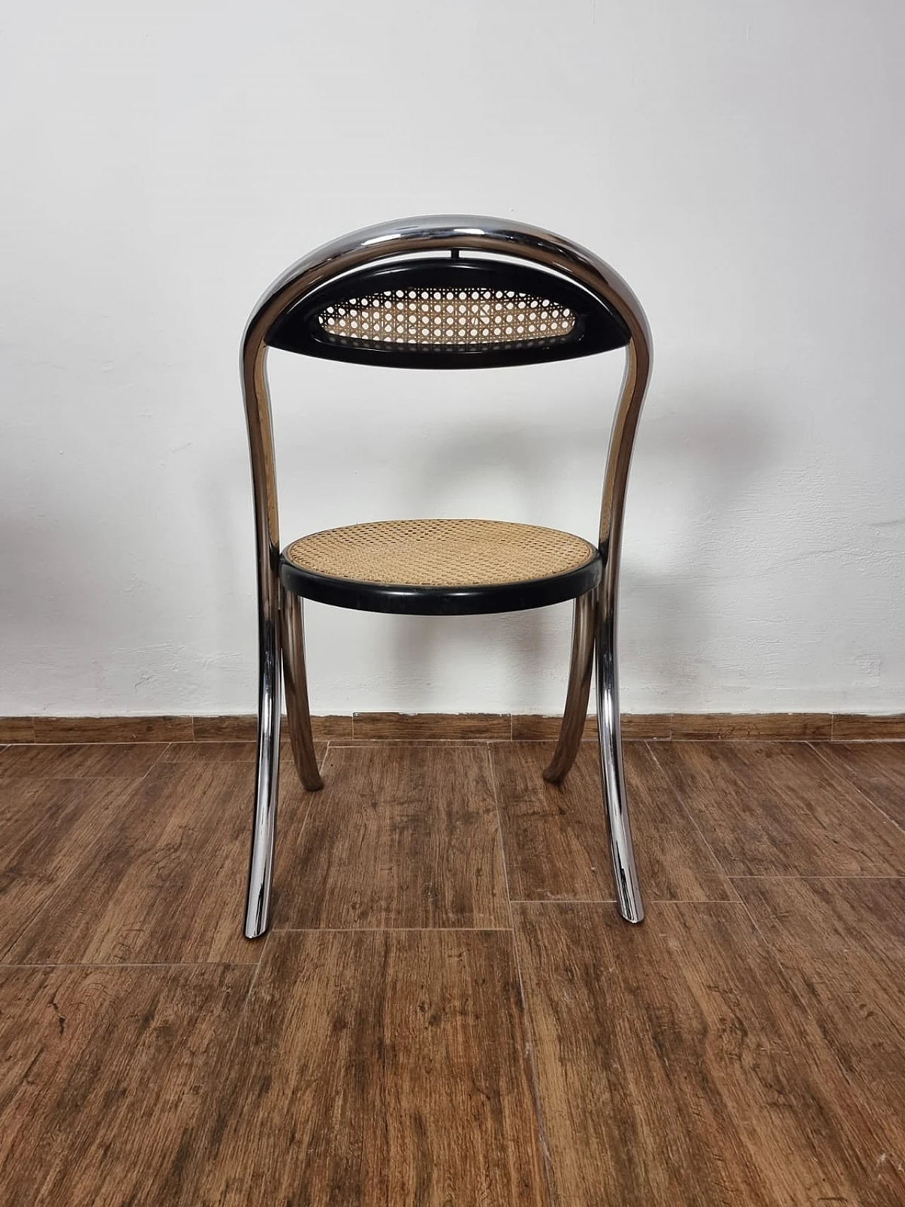 4 Chairs in chromed tubular metal with woven seats, 1980s 15