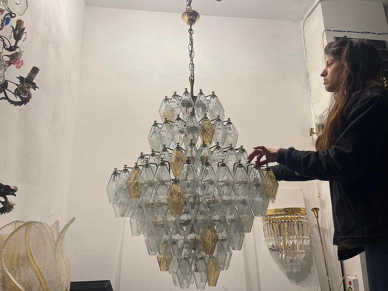 Murano glass polygon chandelier with golden frame, 1980s 10