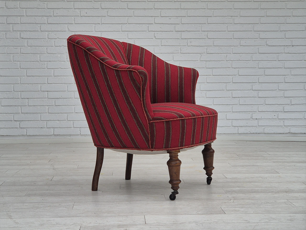 Danish beechwood and red striped wool armchair, 1950s 2