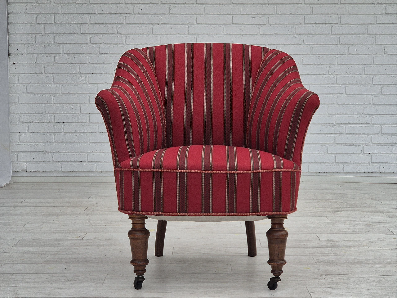 Danish beechwood and red striped wool armchair, 1950s 7