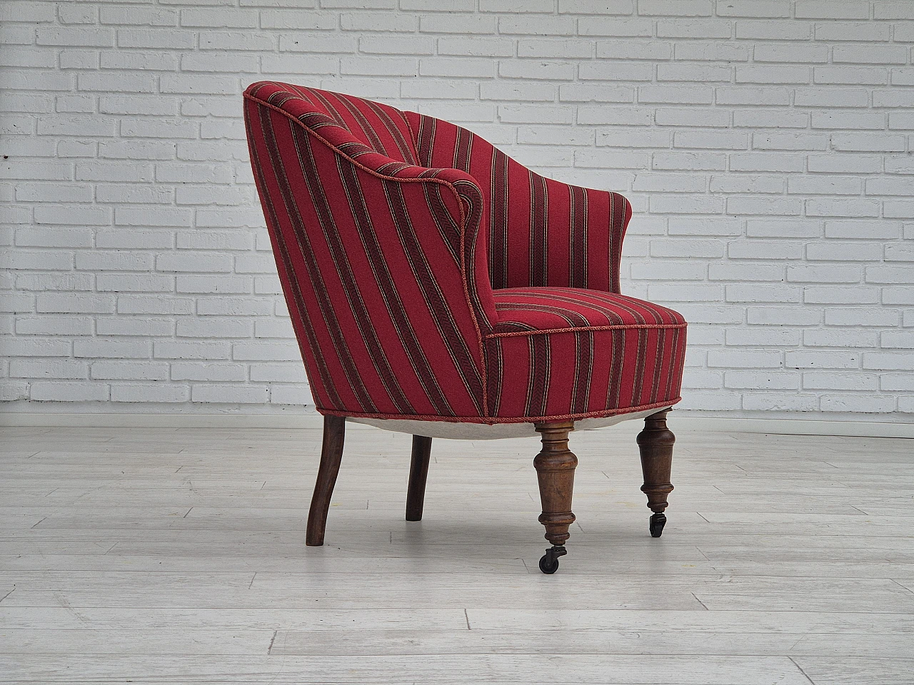Danish beechwood and red striped wool armchair, 1950s 16