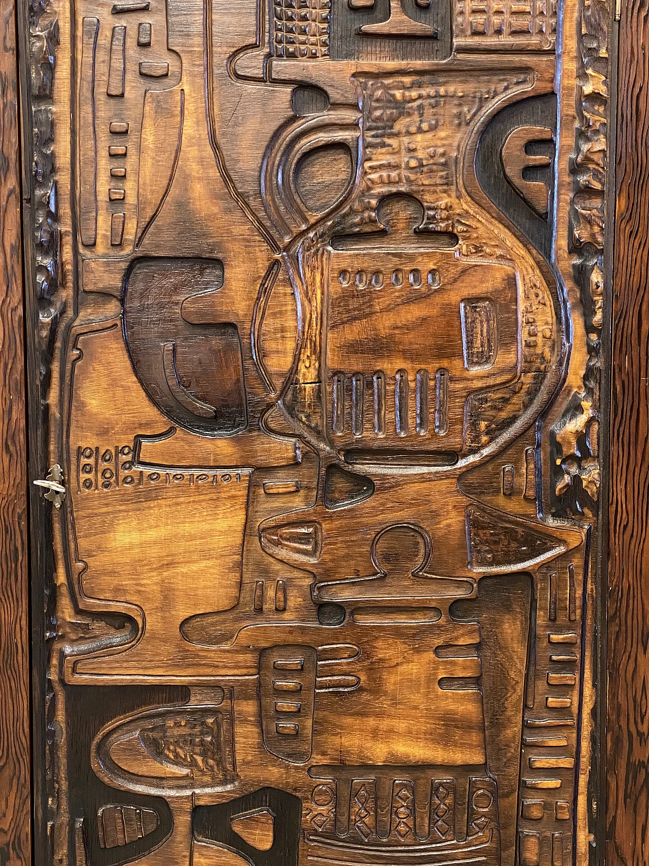 Pine wood bar cabinet carved in bas-relief by V. Cerrato, 1960s 2