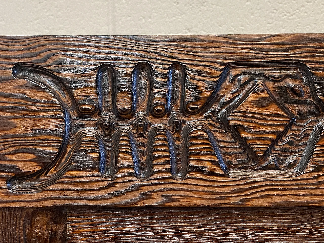 Pine wood bar cabinet carved in bas-relief by V. Cerrato, 1960s 5