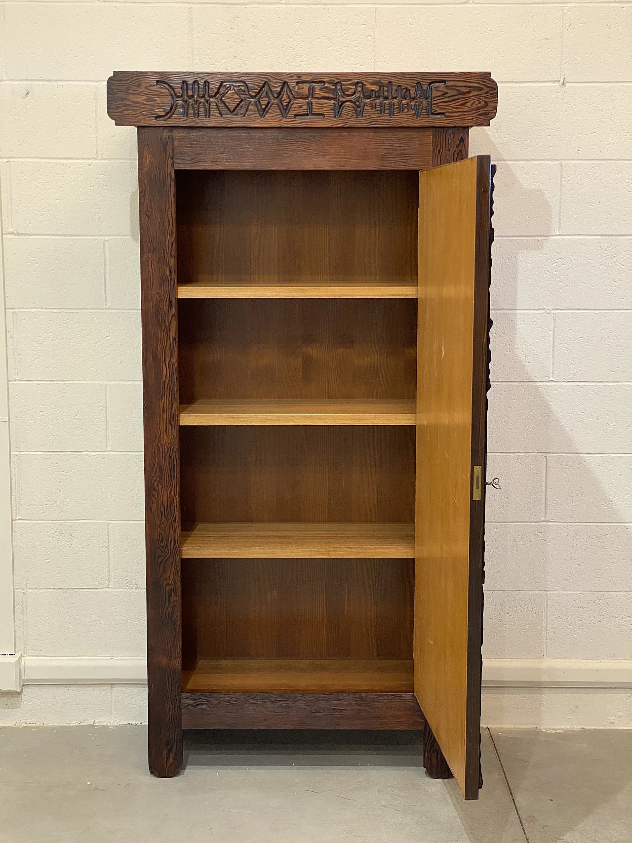 Pine wood bar cabinet carved in bas-relief by V. Cerrato, 1960s 6