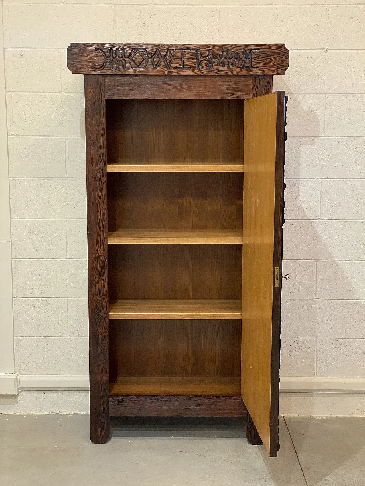 Pine wood bar cabinet carved in bas-relief by V. Cerrato, 1960s 11