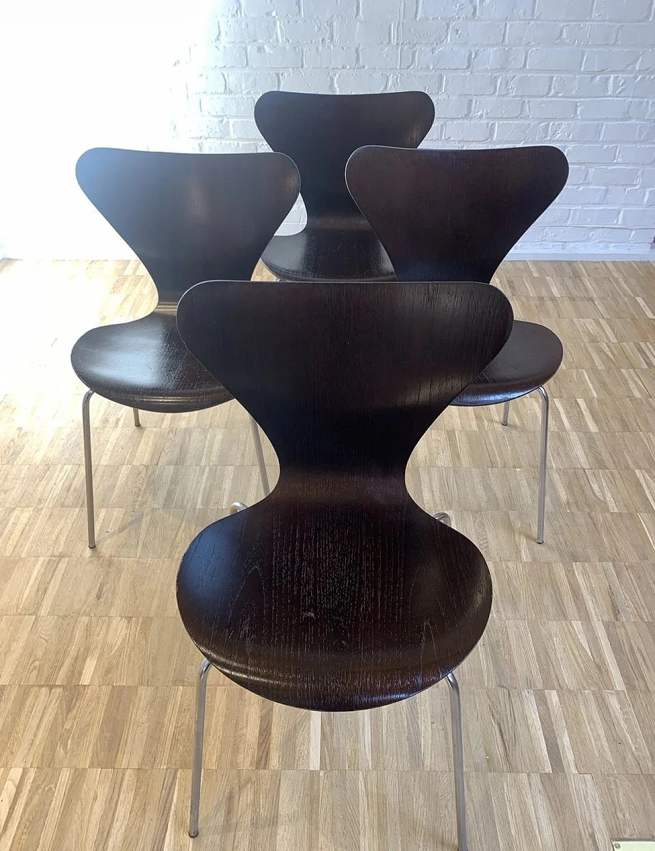 4 Brown Butterfly 3107 chairs by Arne Jacobsen for Fritz Hansen, 1973 3