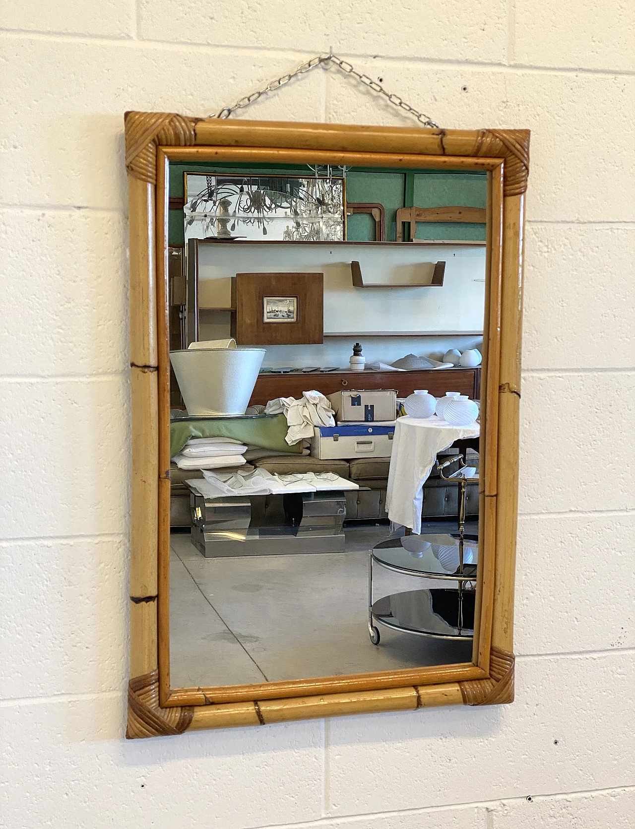 Specchio rettangolare con cornice in bambù, anni '70 5