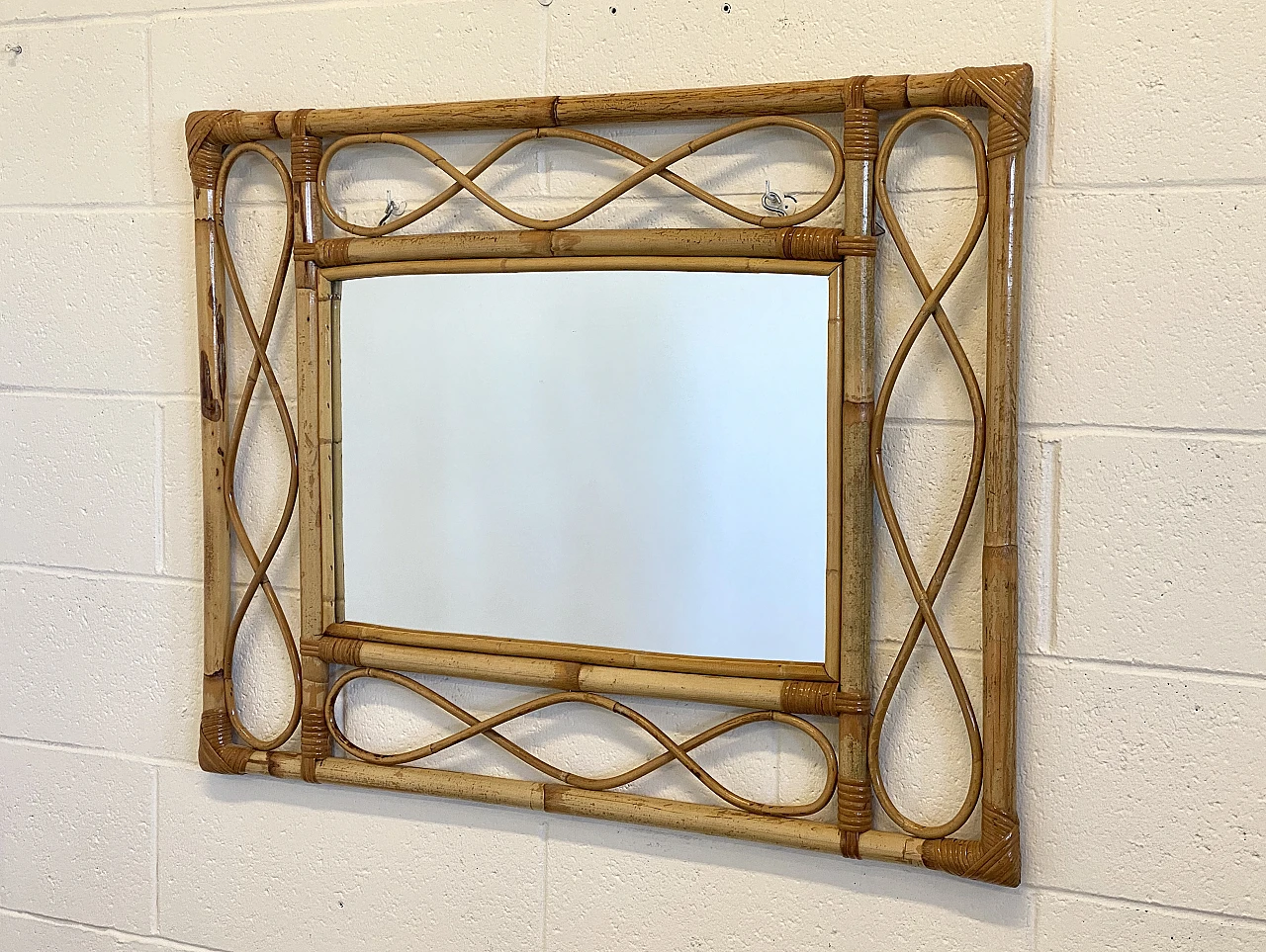 Rectangular mirror with decorated bamboo frame, 1970s 1