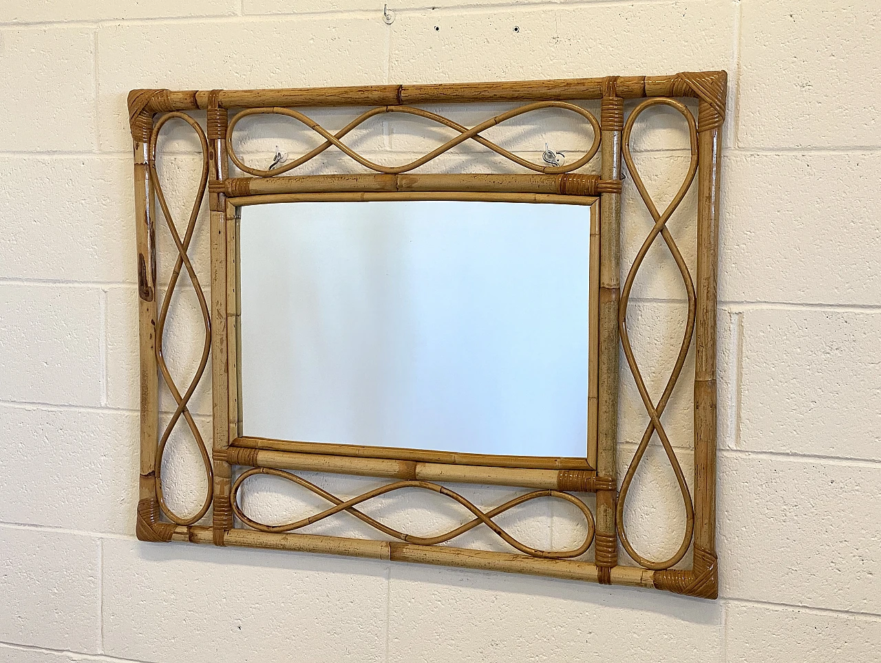 Rectangular mirror with decorated bamboo frame, 1970s 3