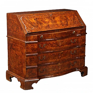 Walnut flap desk with drawers and shelf feet, 18th century