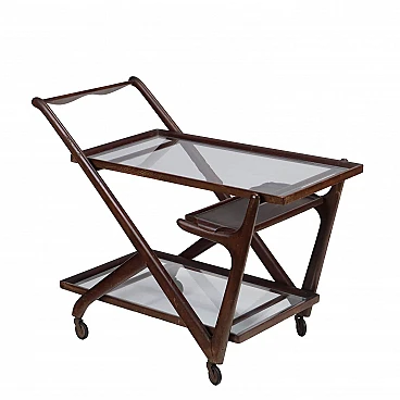 Double-shelf bar cart in stained beech & glass, 1950s