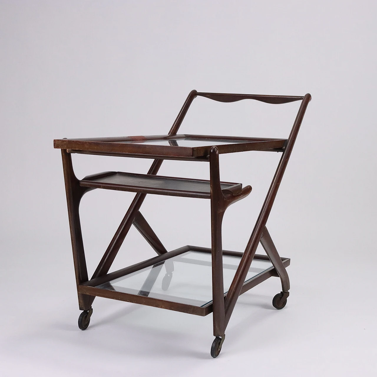 Double-shelf bar cart in stained beech & glass, 1950s 3