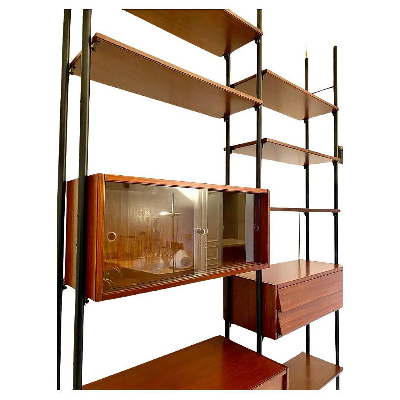 Terra cielo modular bookcase in mahogany veneer & iron, 1960s 3