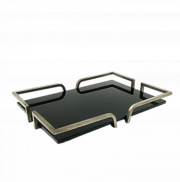 French black glass and brass tray, 1970s