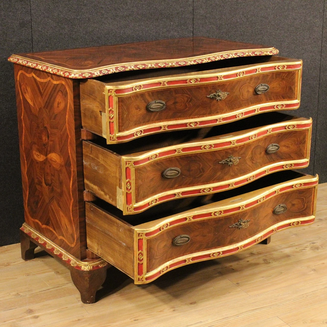 Genoese inlaid, lacquered and gilded wood dresser 16