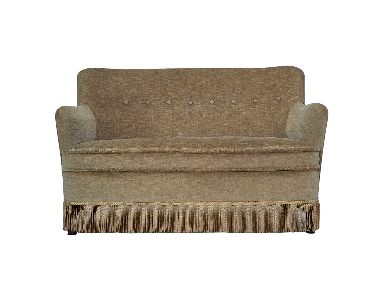 Danish two-seater green velvet sofa with tassels, 1970s 16