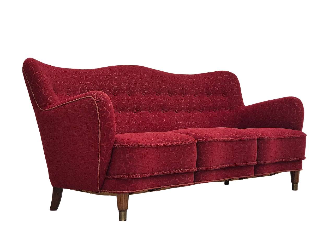 Danish three-seater red fabric and beech sofa, 1960s 15