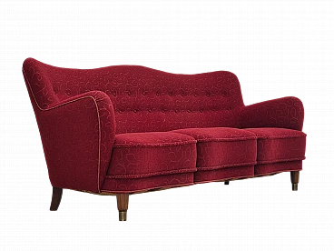 Danish three-seater red fabric and beech sofa, 1960s