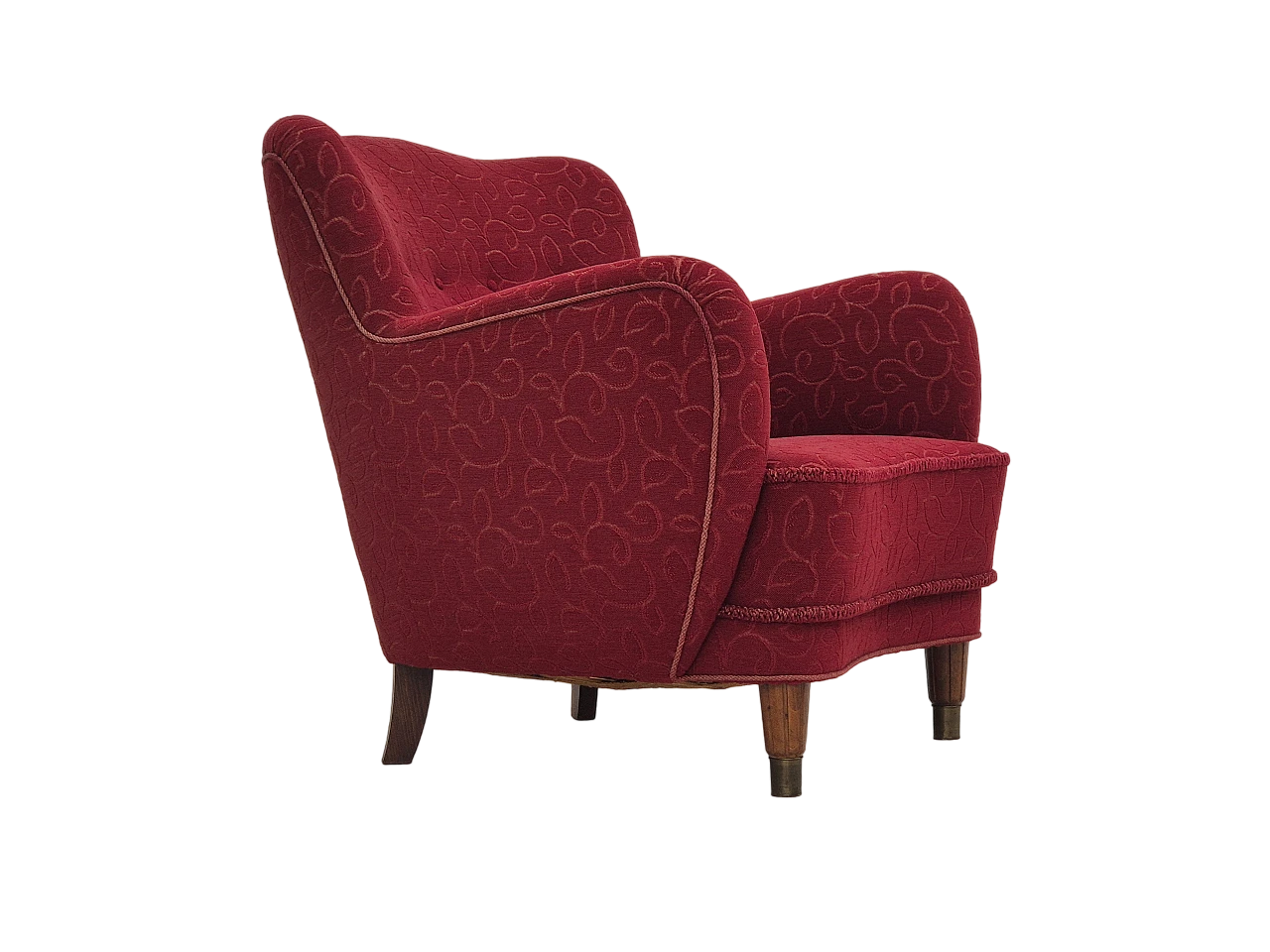 Danish red fabric and beech armchair, 1960s 15