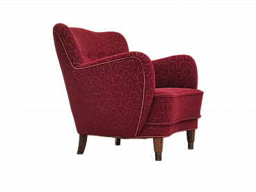 Danish red fabric and beech armchair, 1960s