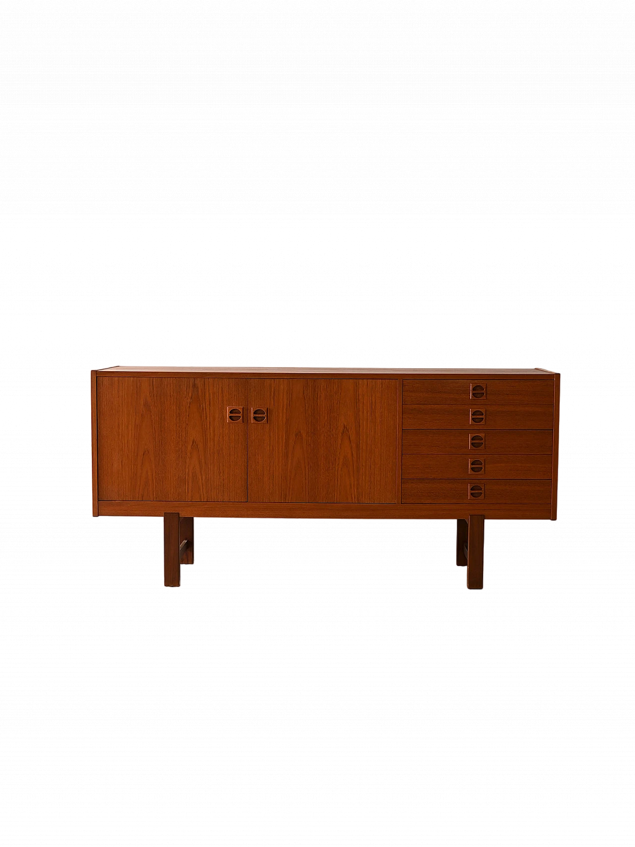 Teak sideboard with drawers & carved handles, 1960s 13