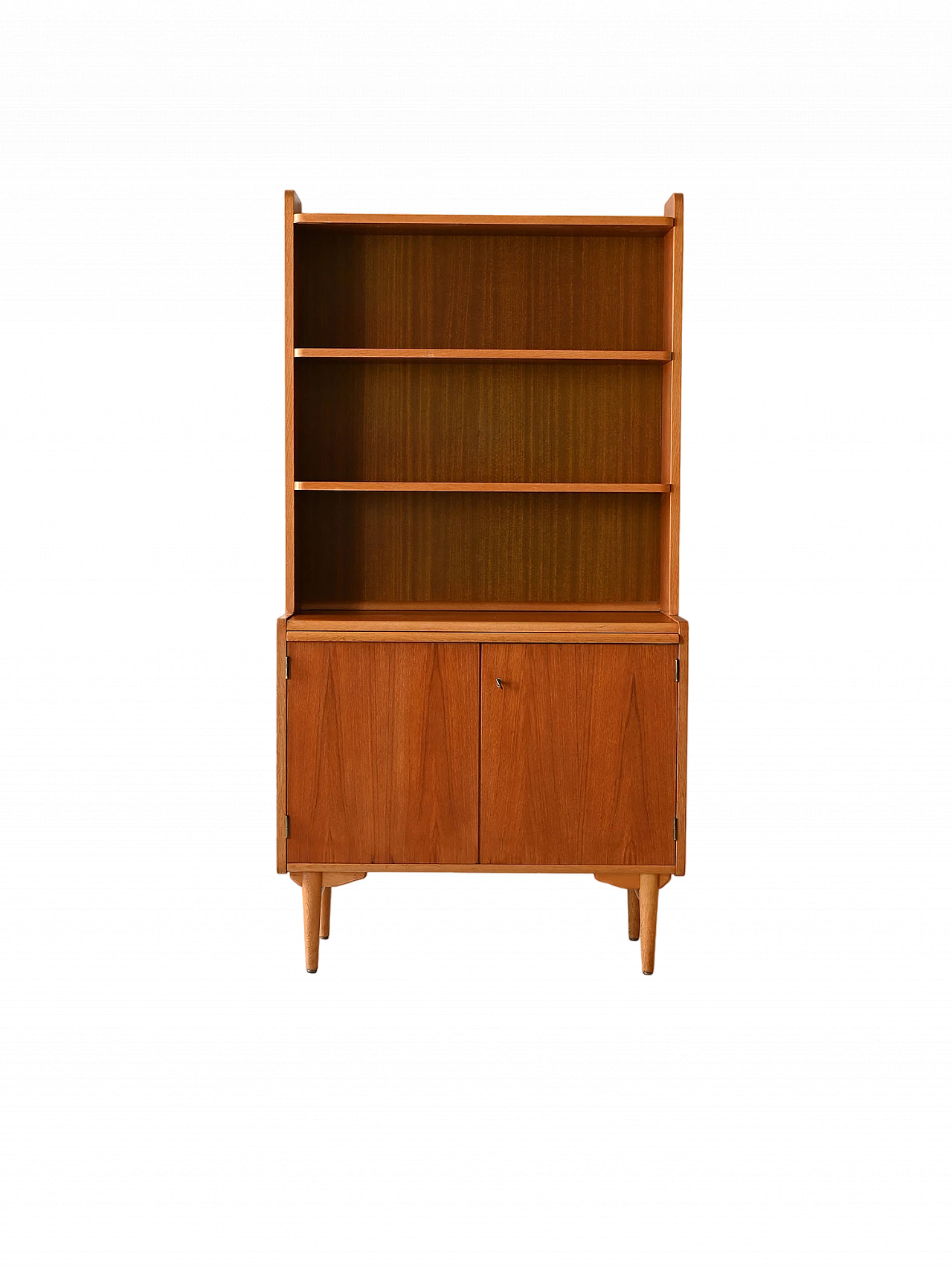 Teak bookcase with open shelves and flap desk, 1960s 13