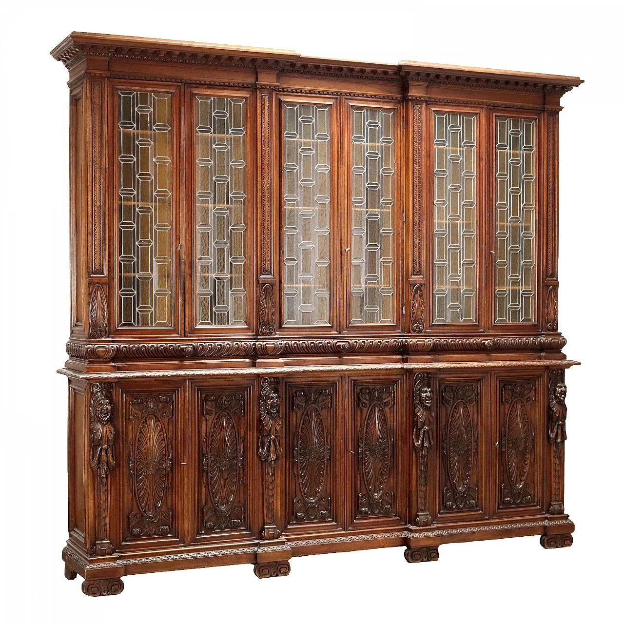 Carved walnut bookcase with leaded glass doors, 19th century 1
