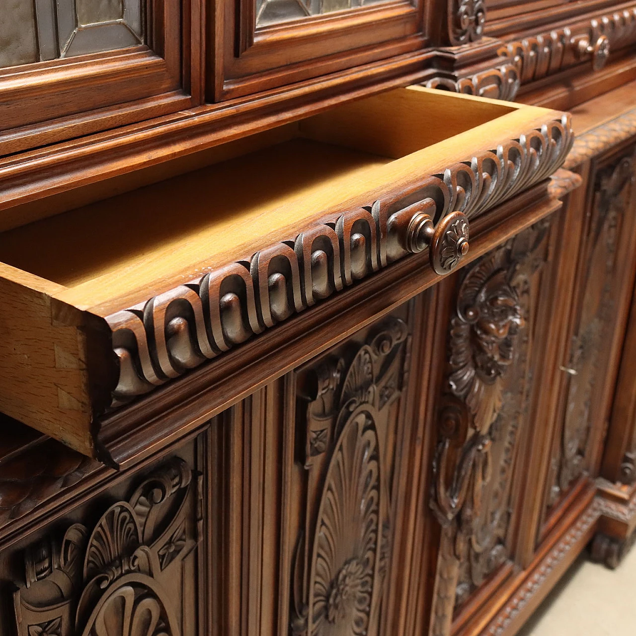 Carved walnut bookcase with leaded glass doors, 19th century 8