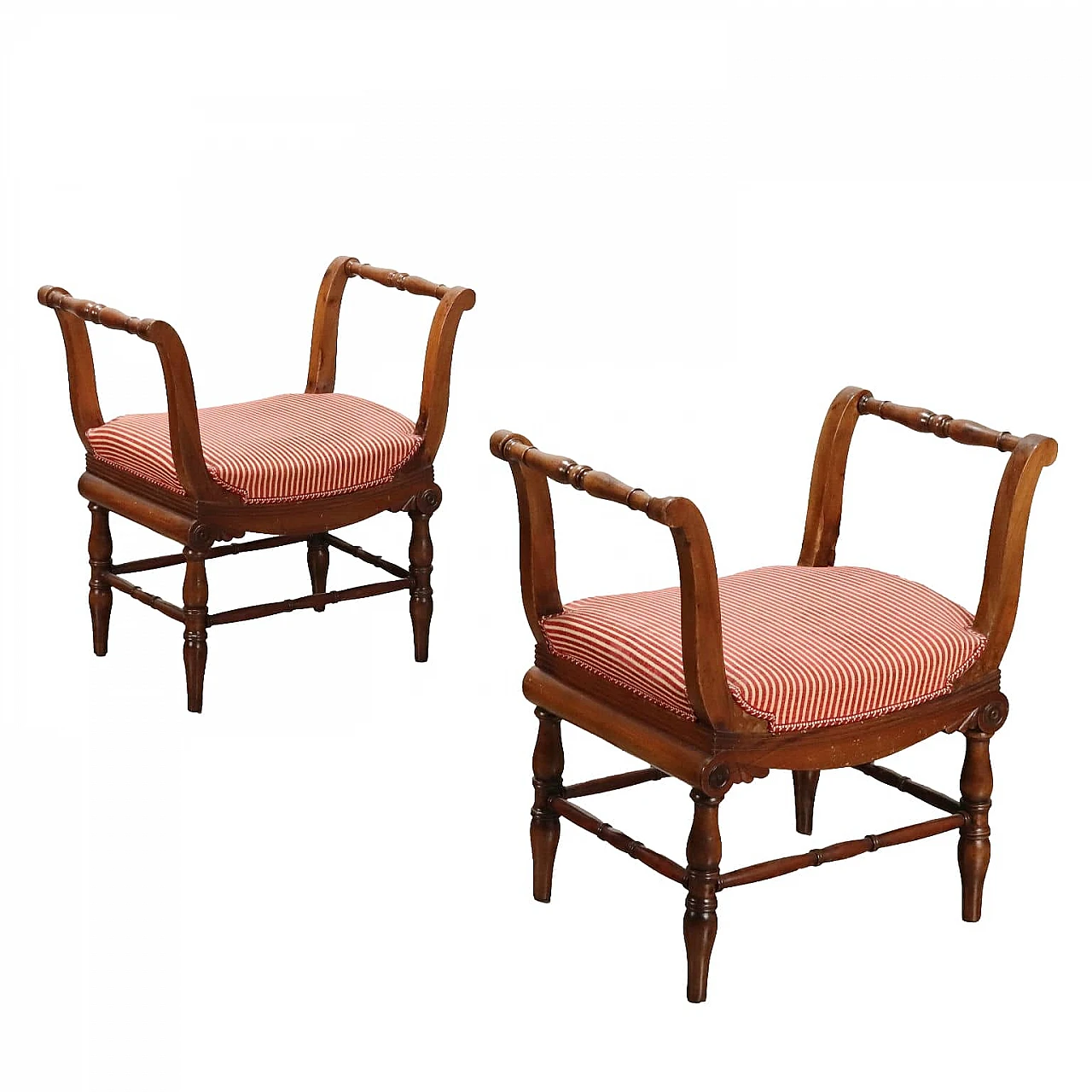 Pair of walnut benches with wavy arms & padded seat, 19th century 1