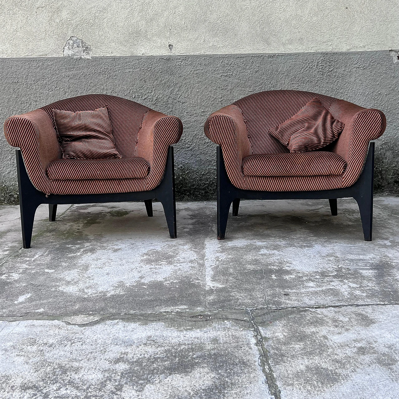 Pair of upholstered armchairs with stained wood frames, 1960s 2