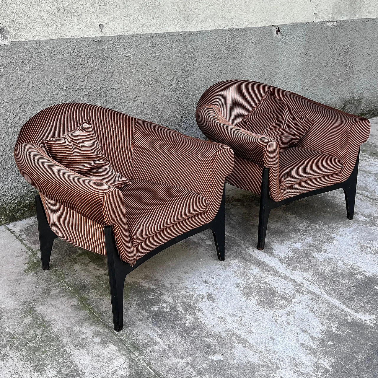 Pair of upholstered armchairs with stained wood frames, 1960s 3