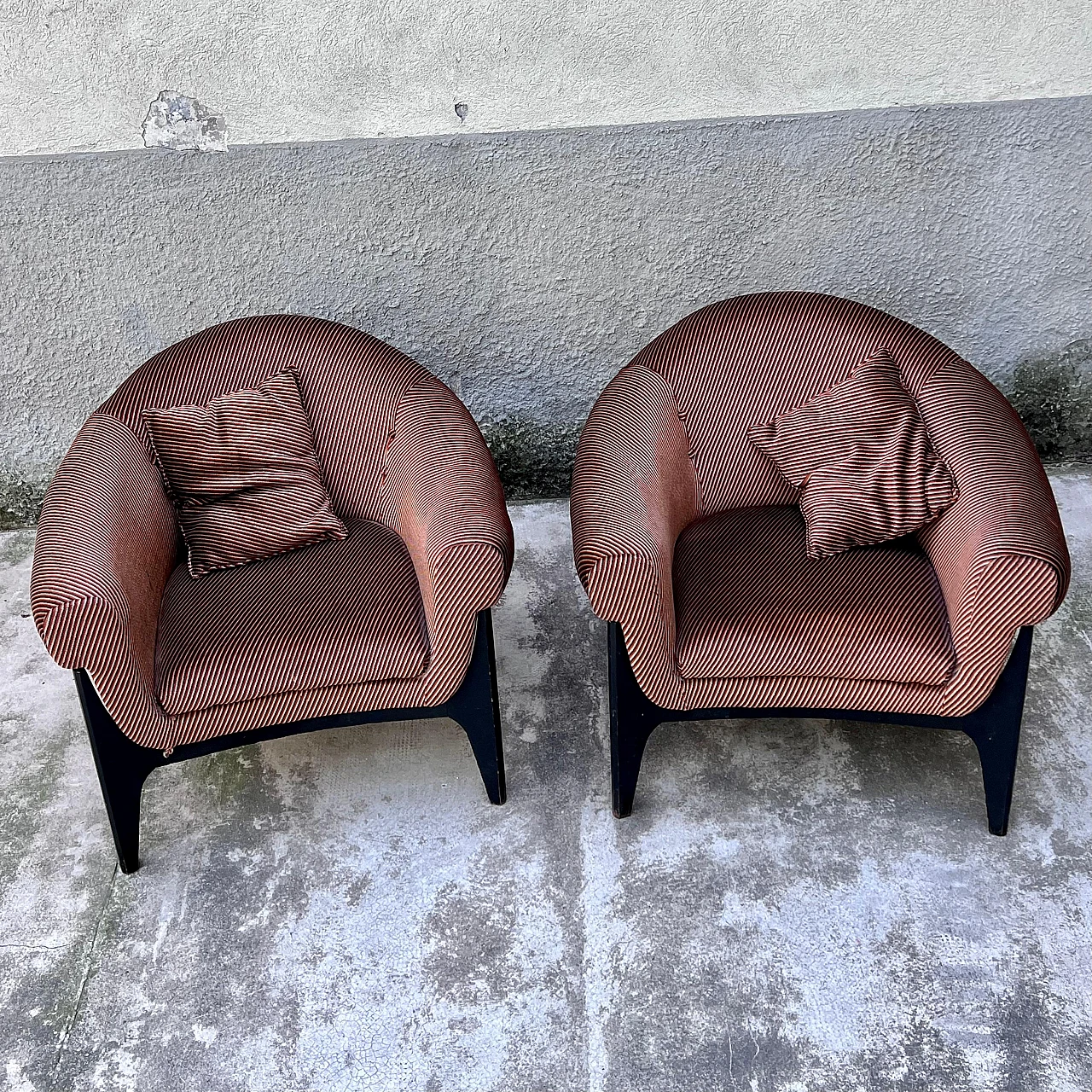 Pair of upholstered armchairs with stained wood frames, 1960s 4