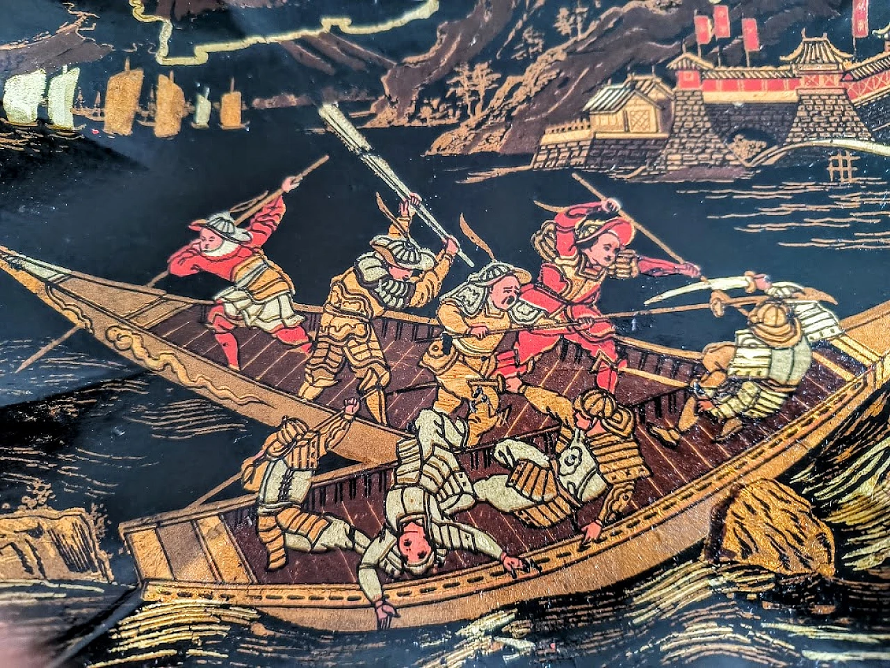 Vassoio GIAPPONE in lacca con scena di SAMURAI in combattimento, '800 4