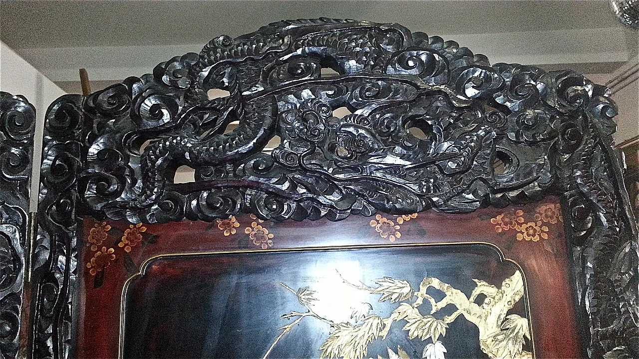 Chinese lacquer, carved wood and mother-of-pearl screen, 19th century 9