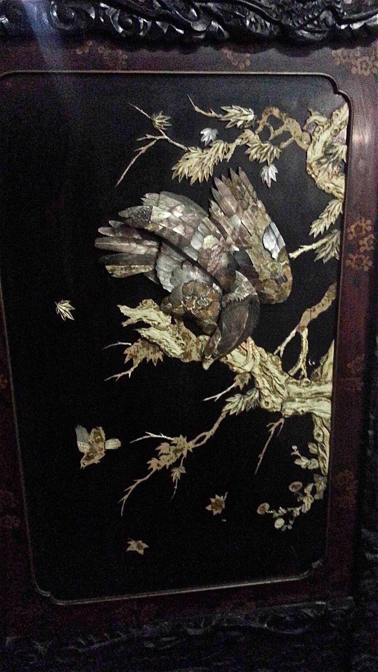 Chinese lacquer, carved wood and mother-of-pearl screen, 19th century 14