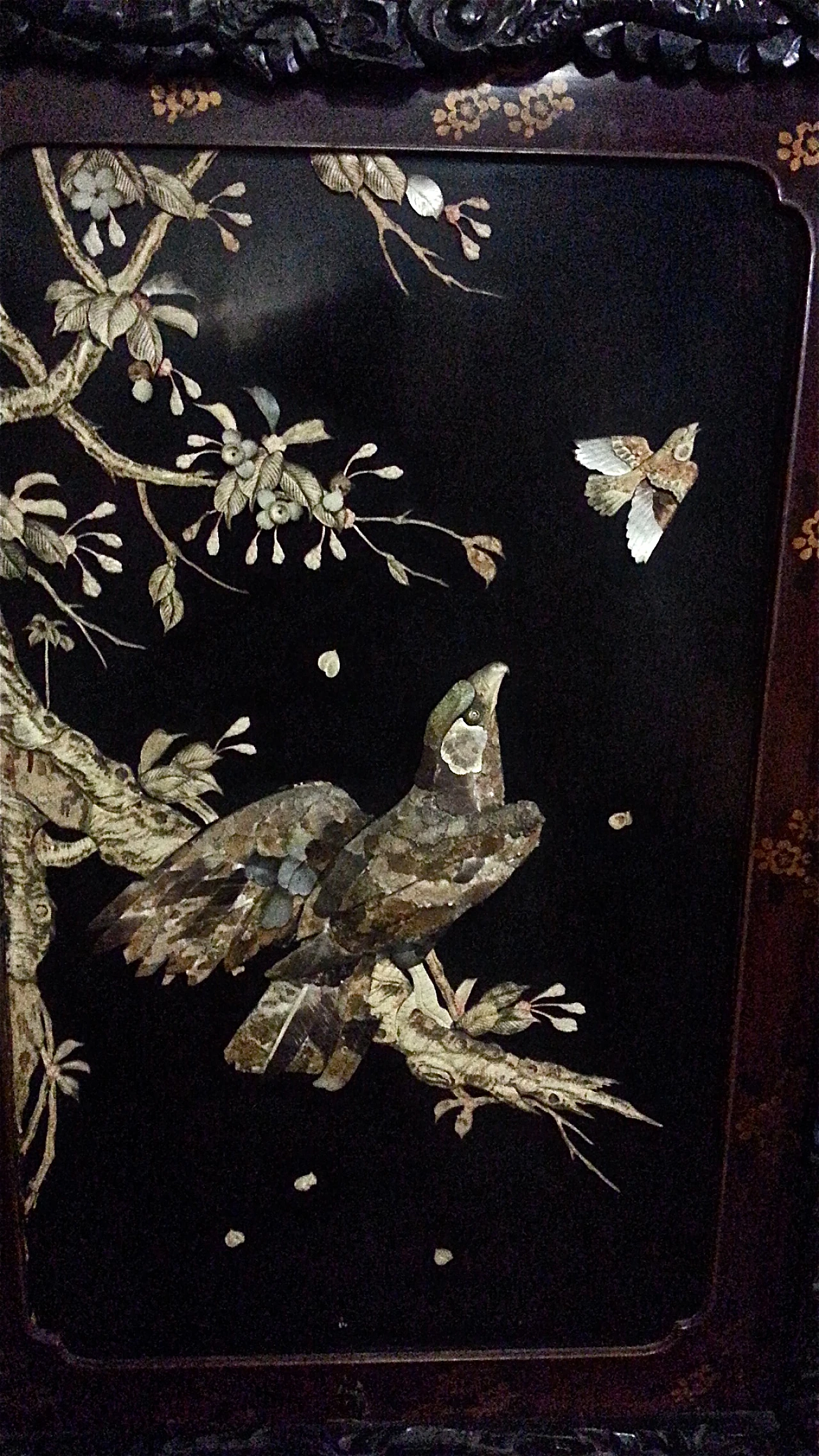 Chinese lacquer, carved wood and mother-of-pearl screen, 19th century 15