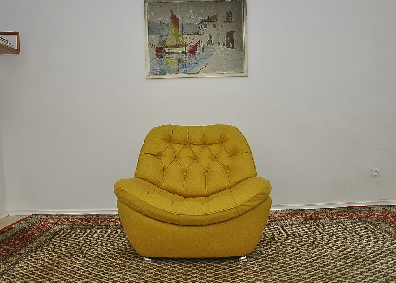 Yellow quilted armchair with chromed metal feet, 1960s 1