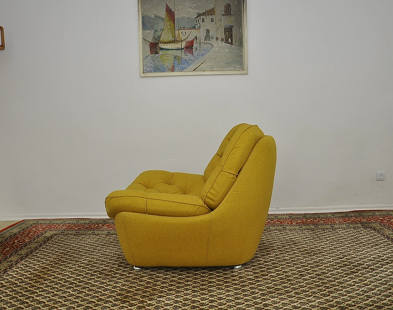Yellow quilted armchair with chromed metal feet, 1960s 3