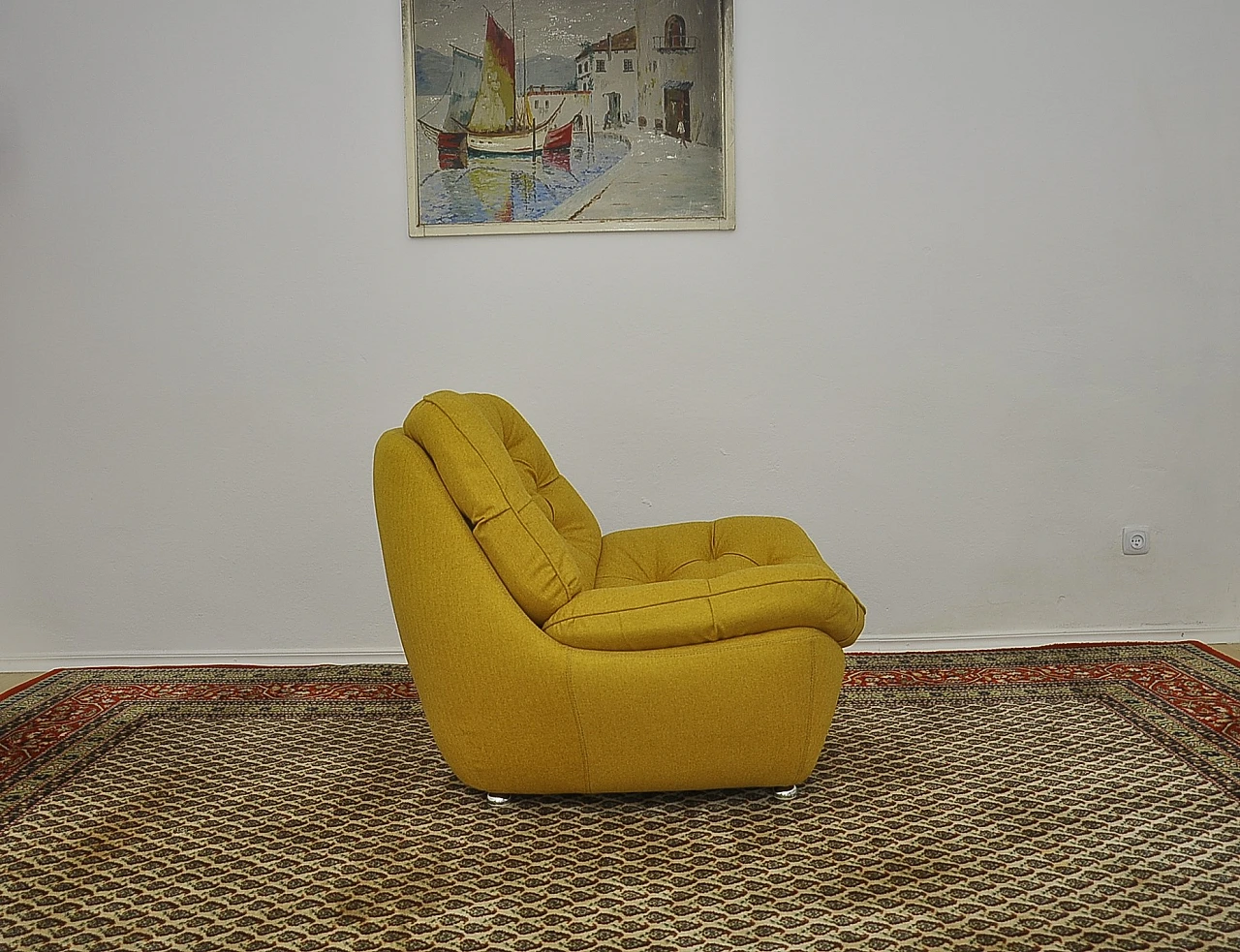 Yellow quilted armchair with chromed metal feet, 1960s 5