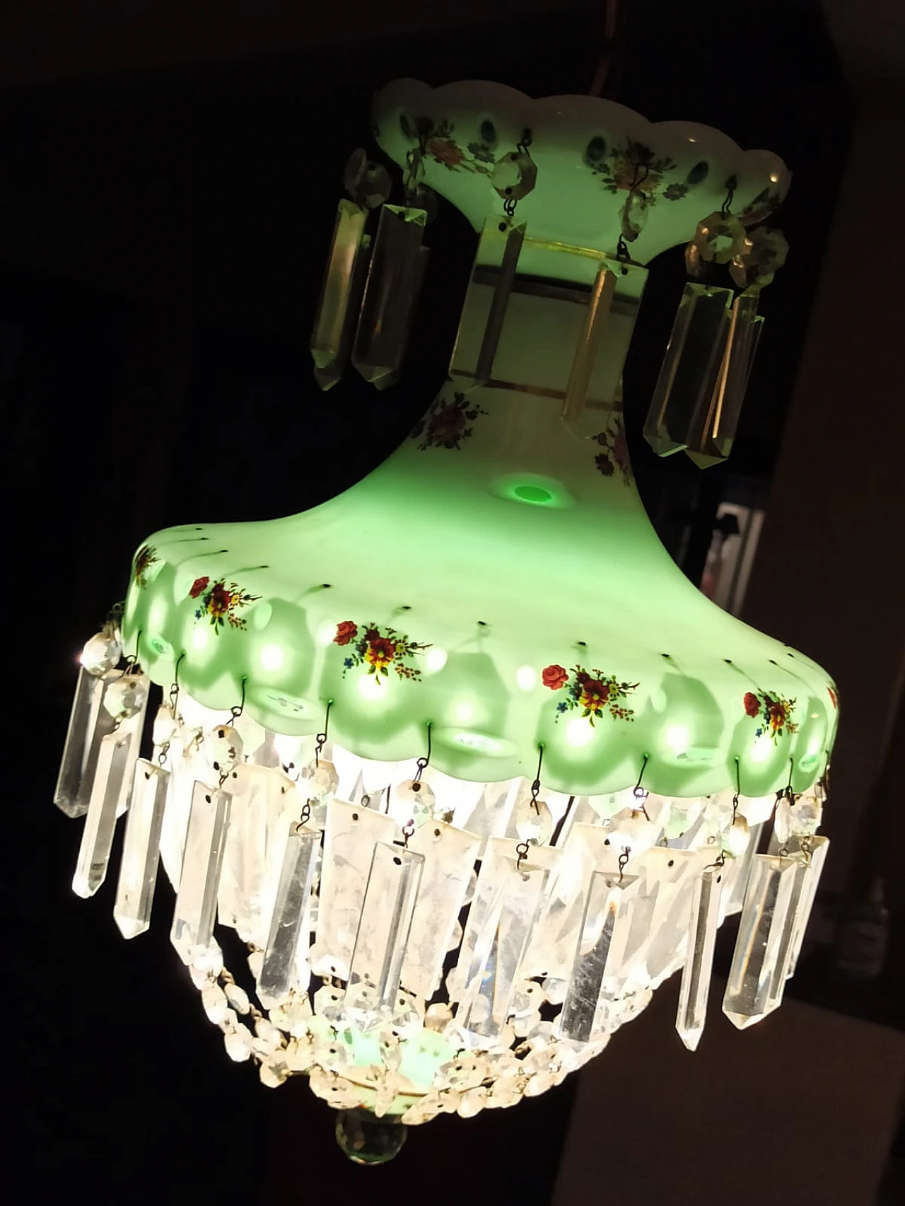 Brocante glass and crystal chandelier with floral motifs, 1950s 1