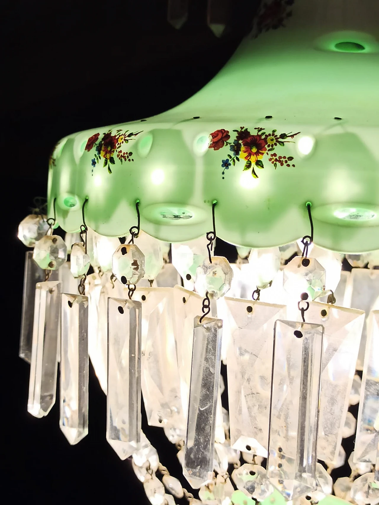 Brocante glass and crystal chandelier with floral motifs, 1950s 2