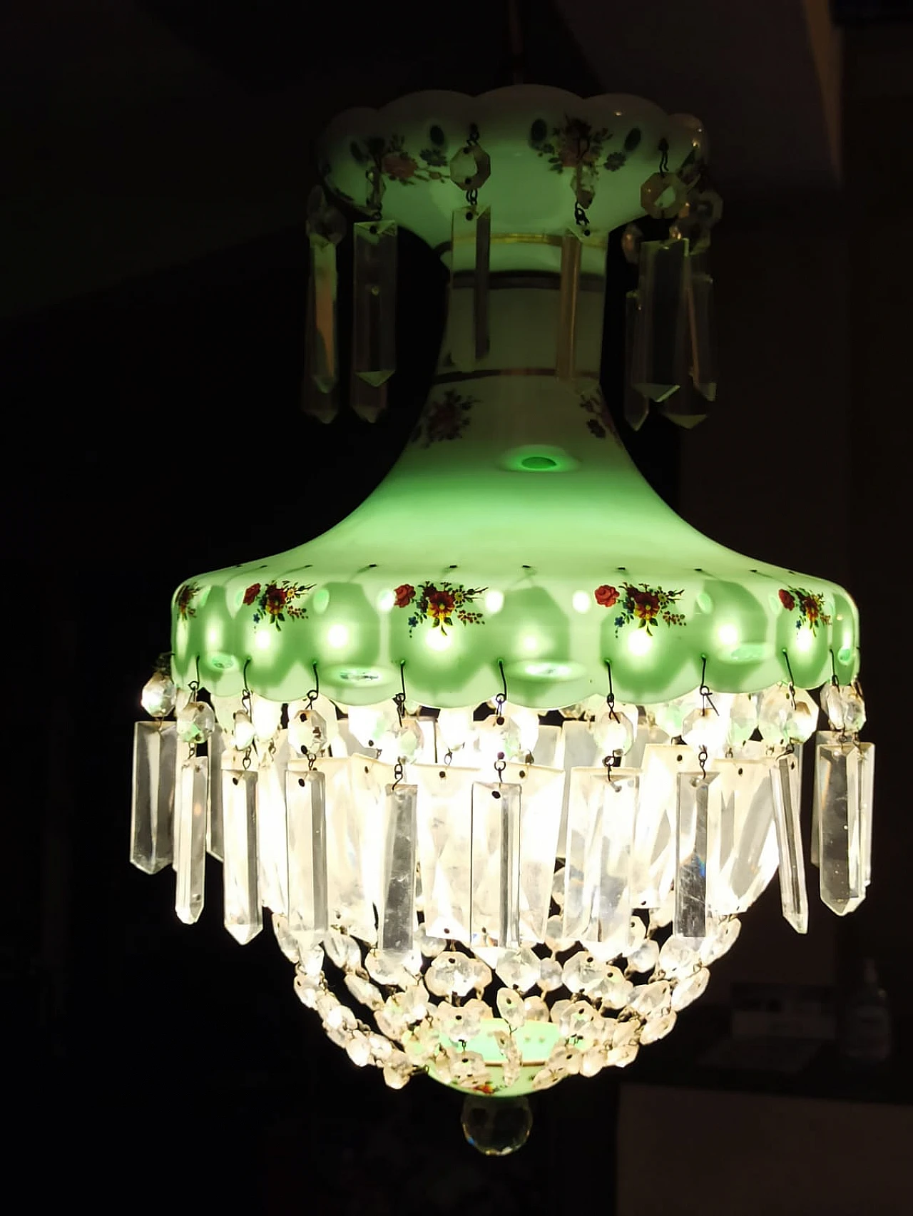 Brocante glass and crystal chandelier with floral motifs, 1950s 3