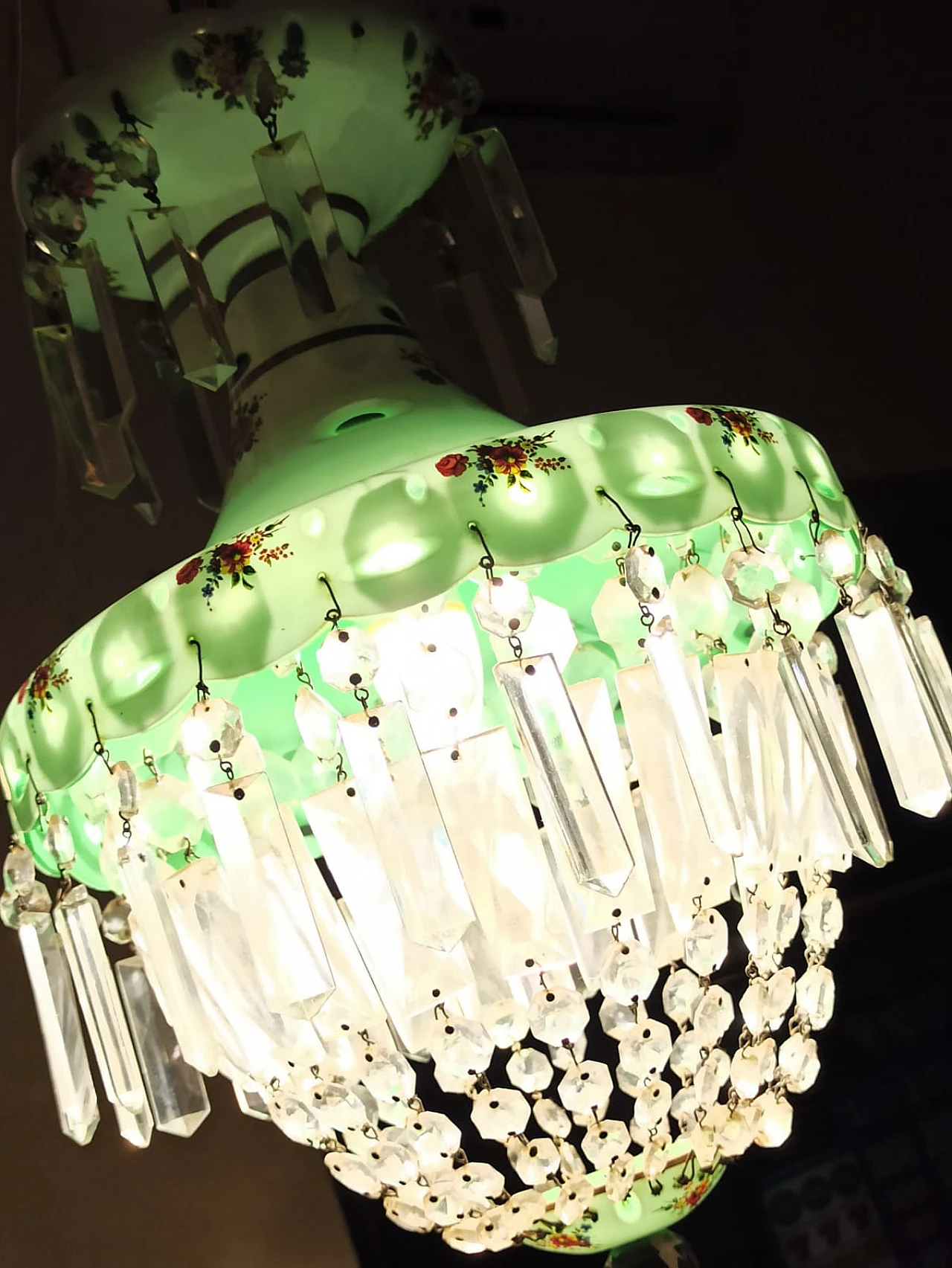 Brocante glass and crystal chandelier with floral motifs, 1950s 4