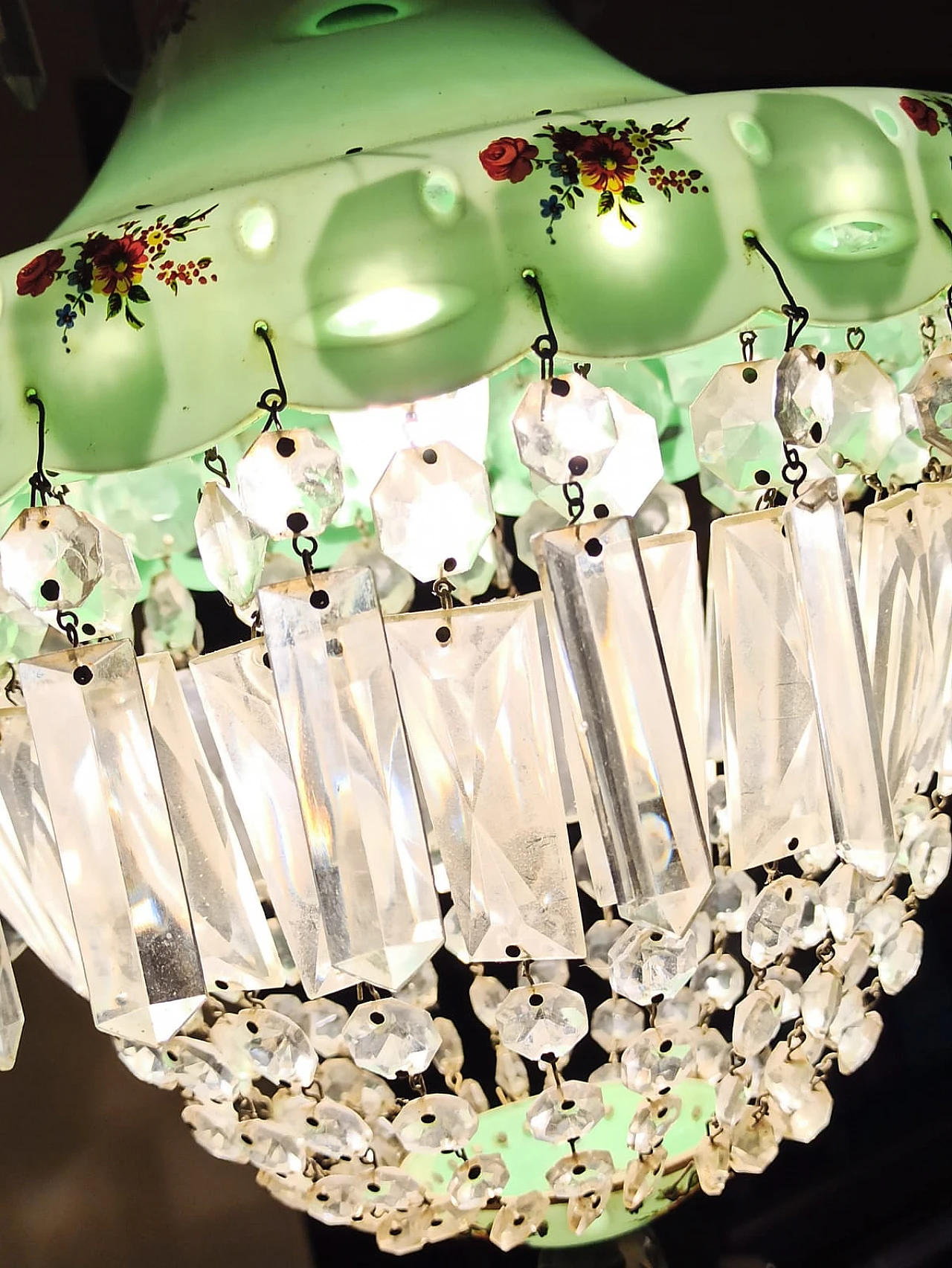 Brocante glass and crystal chandelier with floral motifs, 1950s 5