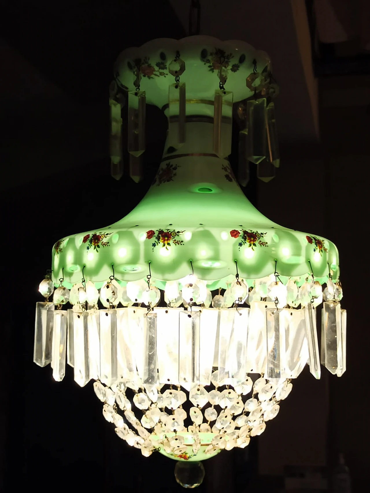 Brocante glass and crystal chandelier with floral motifs, 1950s 6