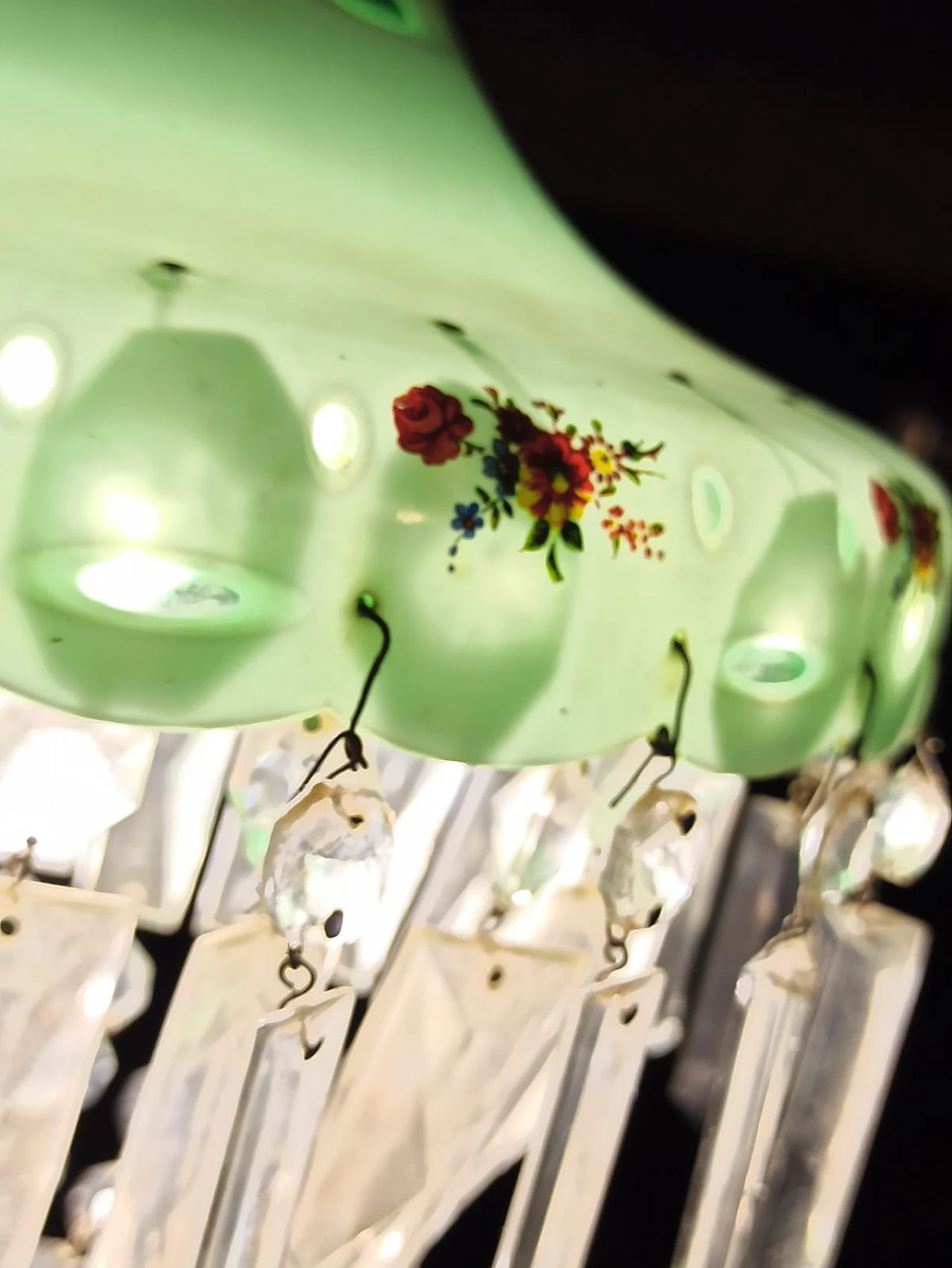 Brocante glass and crystal chandelier with floral motifs, 1950s 7