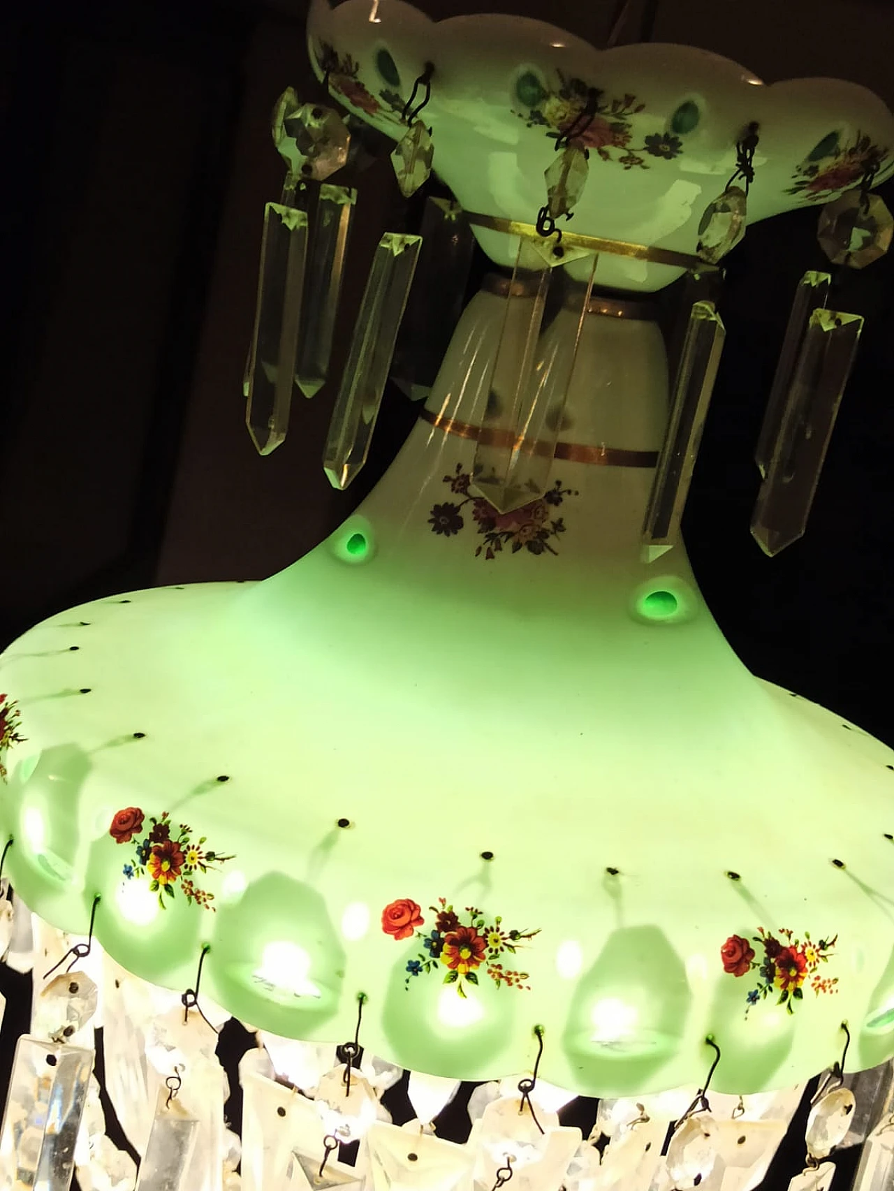 Brocante glass and crystal chandelier with floral motifs, 1950s 8