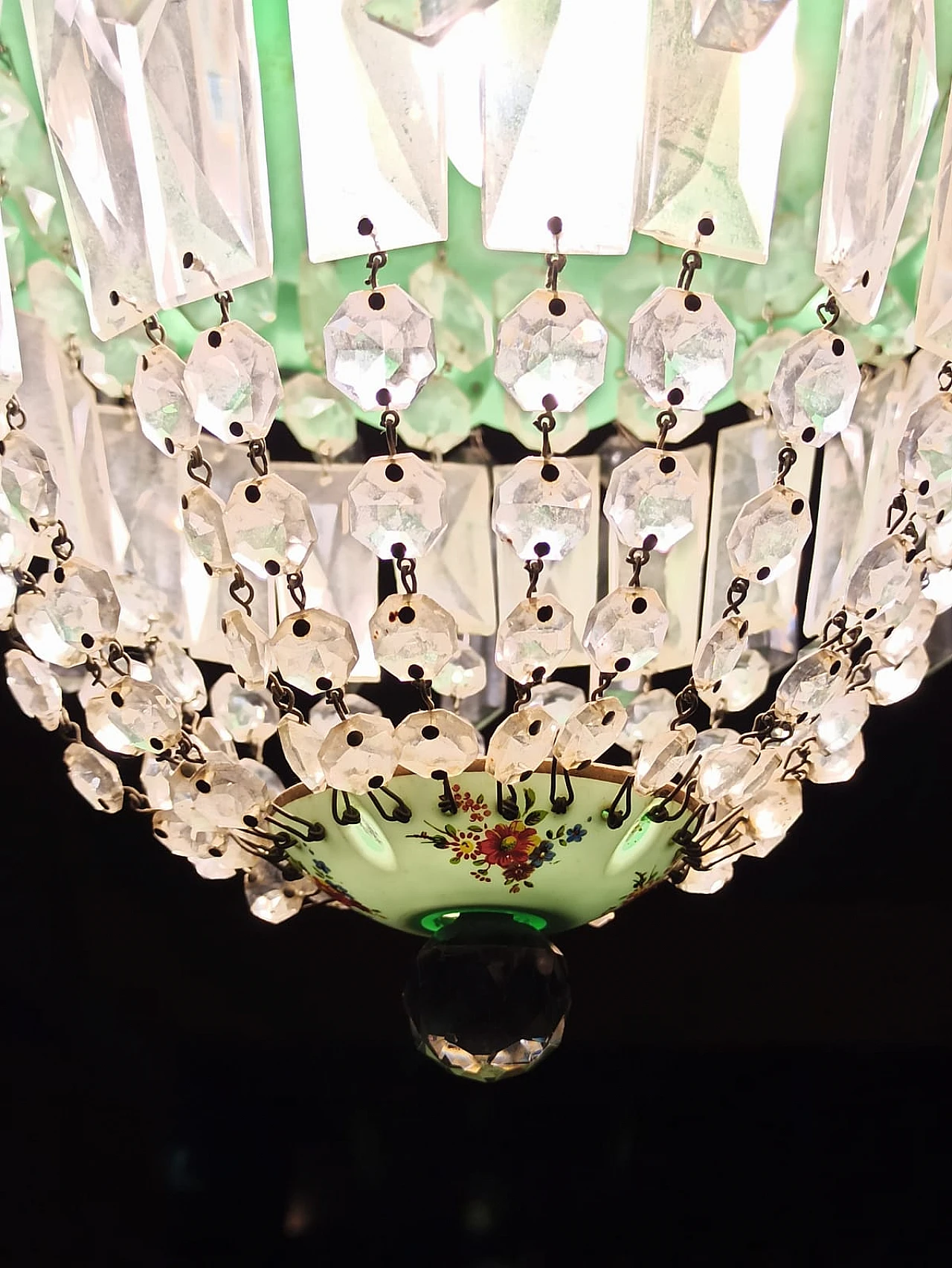 Brocante glass and crystal chandelier with floral motifs, 1950s 9