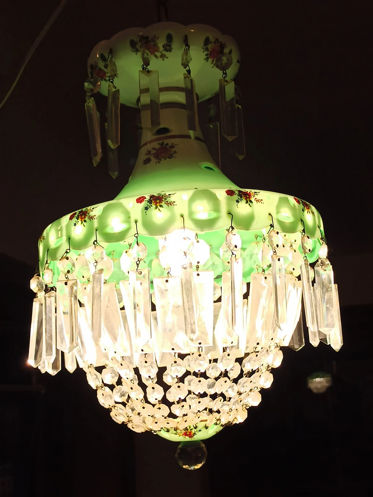 Brocante glass and crystal chandelier with floral motifs, 1950s 10